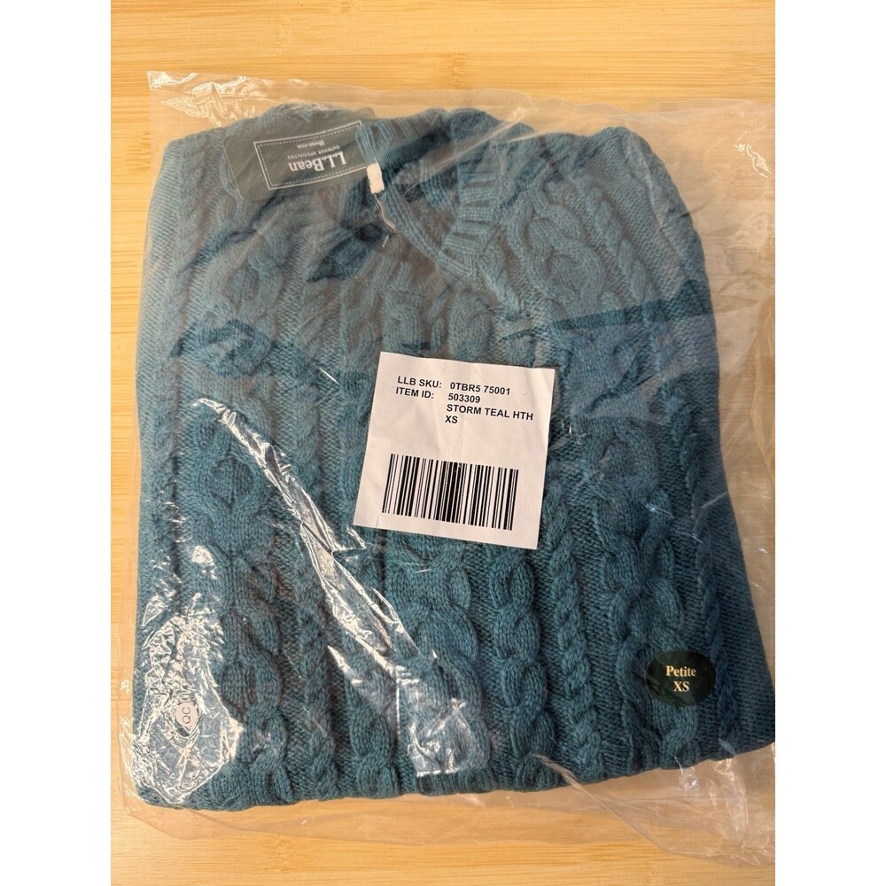 LL Bean Women's Sweater NWT Petite XS TEAL CABLE KNIT COTTON NAUTIC FISHERMAN